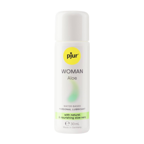 A white bottle of Pjur Woman Aloe lubricant is shown on a white background.