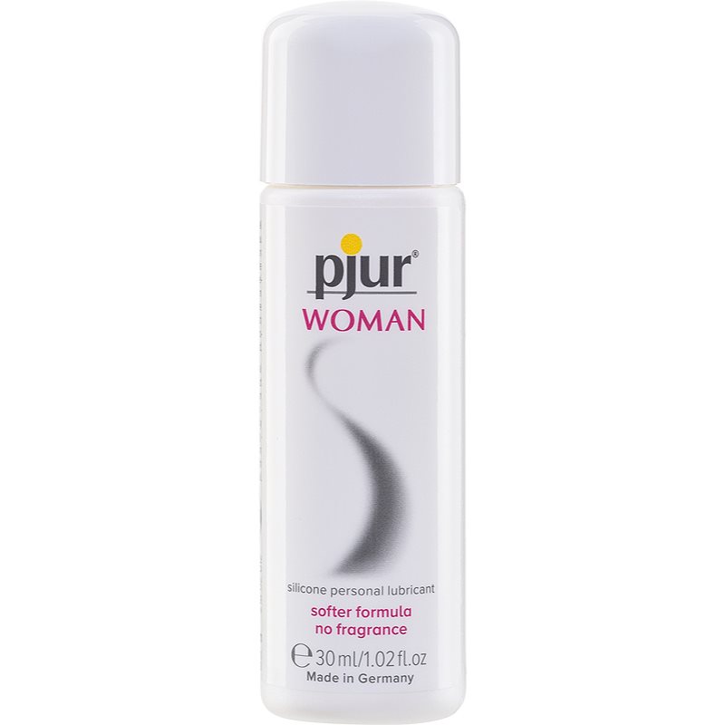 Bottle of pjur Woman silicone personal lubricant on a white background 30 ml, travel size