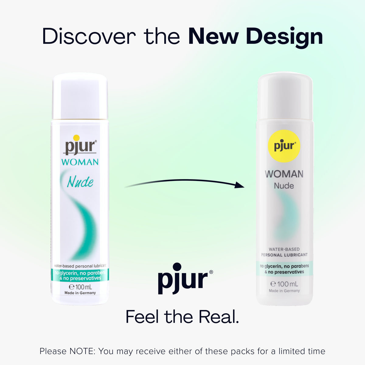 Two white bottles of pjur WOMAN Nude water-based personal lubricant are shown side-by-side, illustrating a design change with an arrow pointing from the older design on the left to the newer design on the right. 