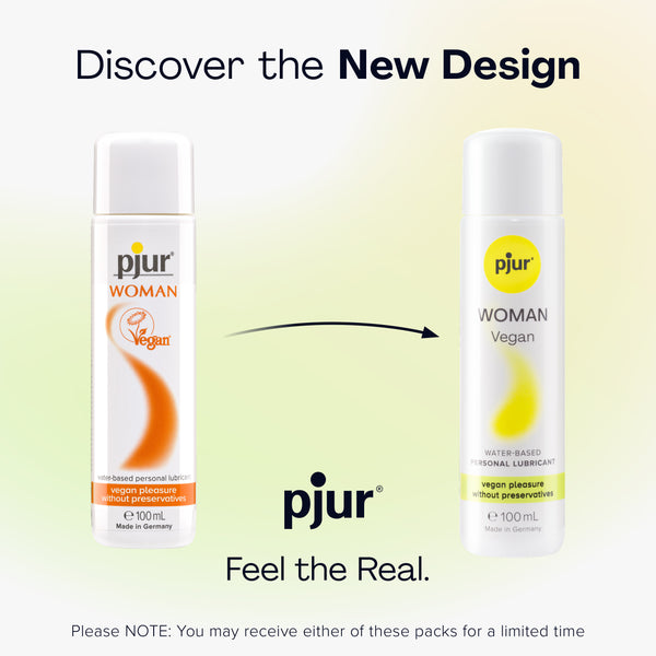 An advertisement titled "Discover the New Design" showcases the older and newer packaging for Pjur Woman Vegan water-based personal lubricant. 
