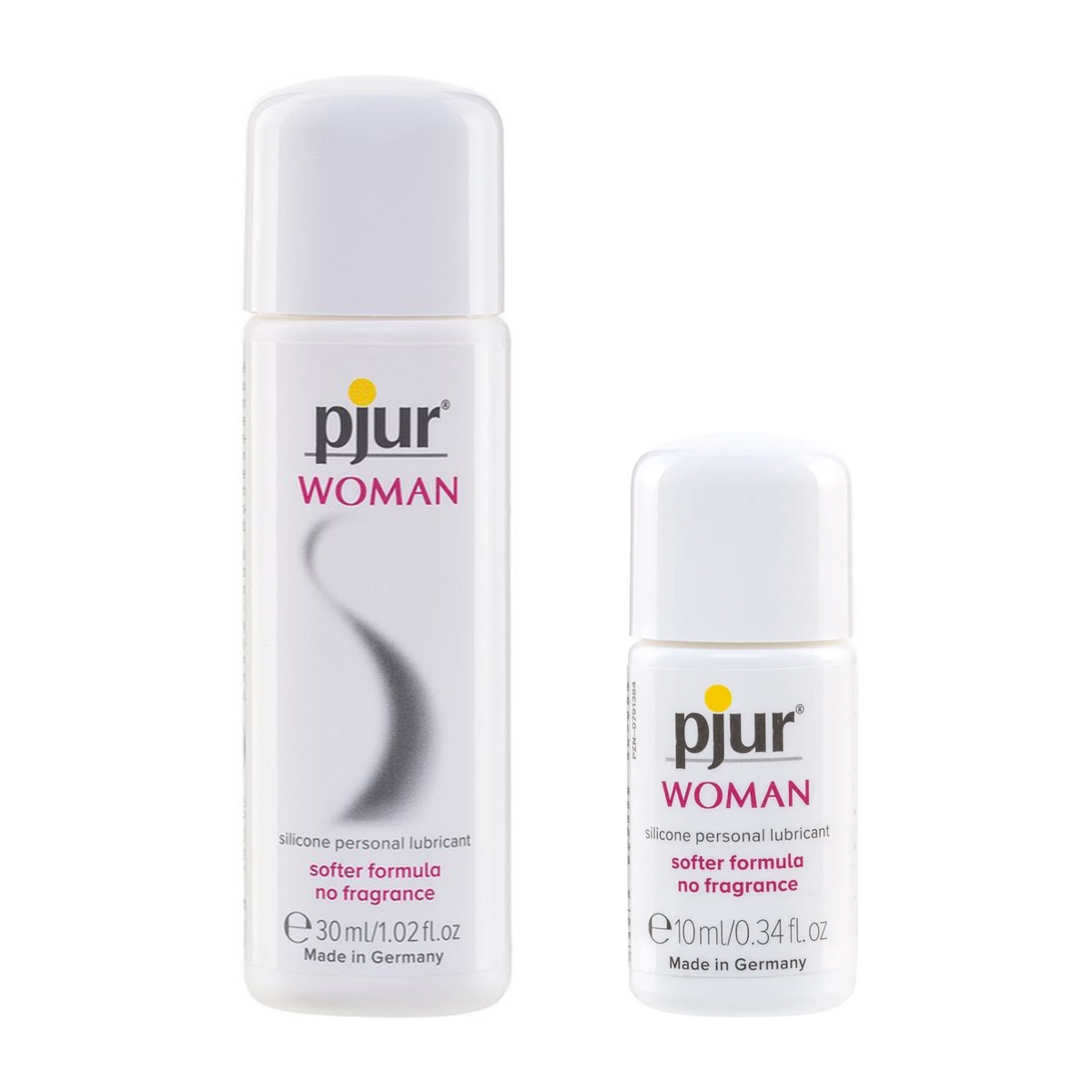 Two white bottles of Pjur Woman silicone personal lubricant, one 30ml and one 10ml, with 'softer formula no fragrance' and 'Made in Germany' visible. Hauptbild