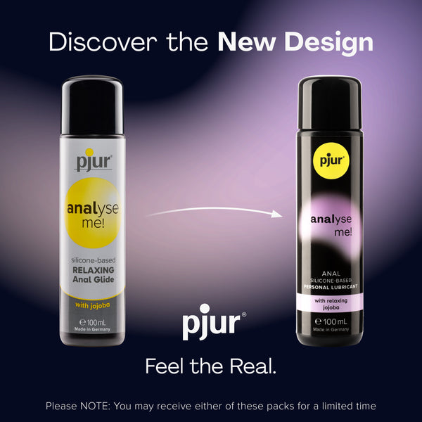 Two black bottles of pjur "analyse me!" lubricant are showcased against a dark background as part of an advertisement announcing a new design. 