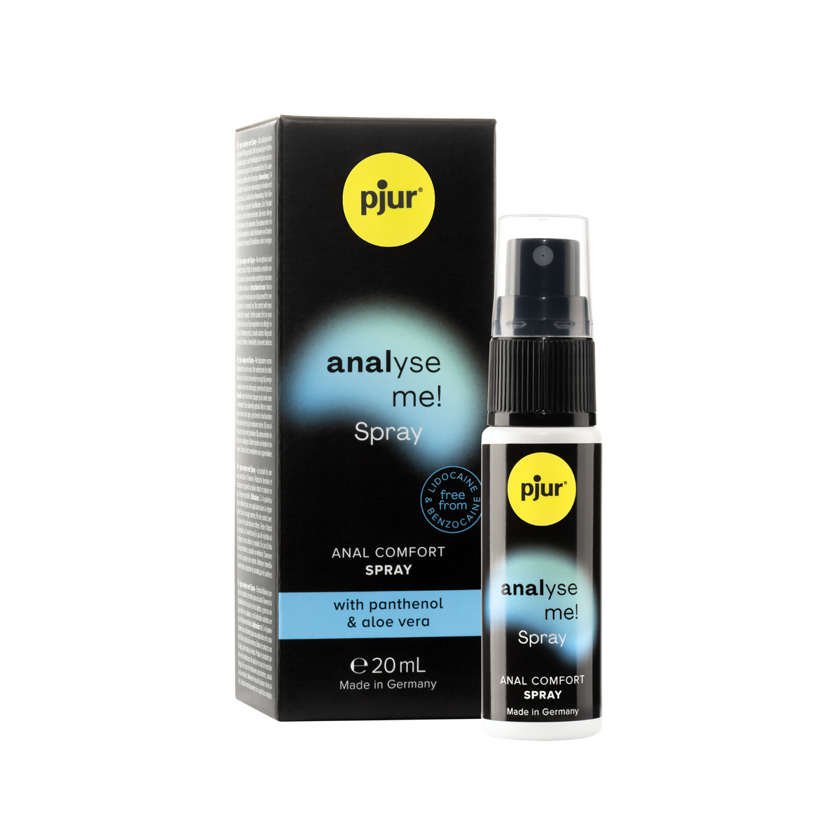 A black box and a matching spray bottle of pjur "analyse me! Spray" are positioned on a white background.  Hauptbild