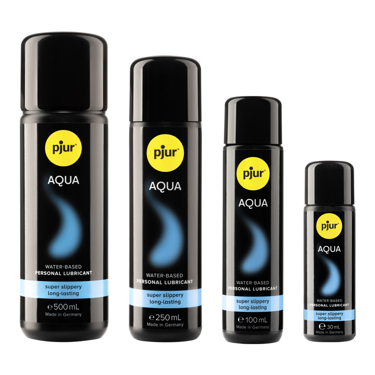 A lineup of four black bottles of Pjur Aqua water-based personal lubricant in varying sizes (500ml, 250ml, 100ml, and 30ml) against a white background.  Hauptbild