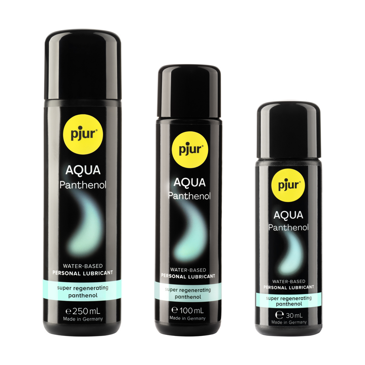 Three black bottles of pjur AQUA Panthenol water-based personal lubricant are arranged in descending order of size against a white background.  Hauptbild