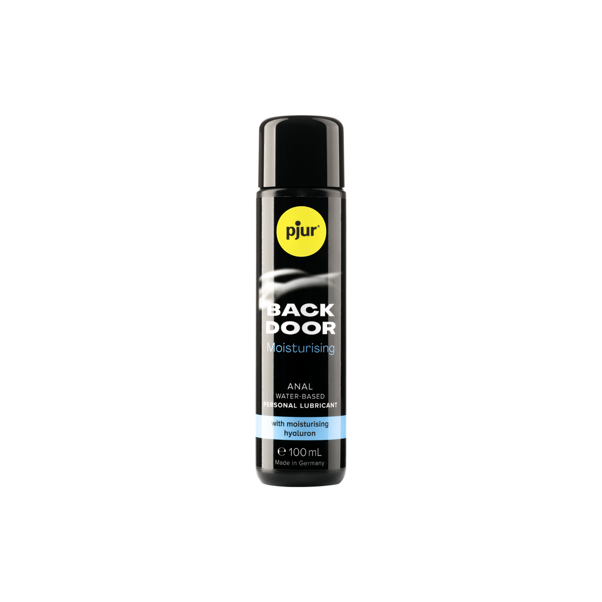 A small black bottle of pjur BACK DOOR Moisturising anal water-based personal lubricant 100ml with a yellow logo and light blue accents on a white background.