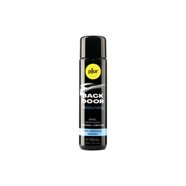 A small black bottle of pjur BACK DOOR Moisturising anal water-based personal lubricant 100ml with a yellow logo and light blue accents on a white background.