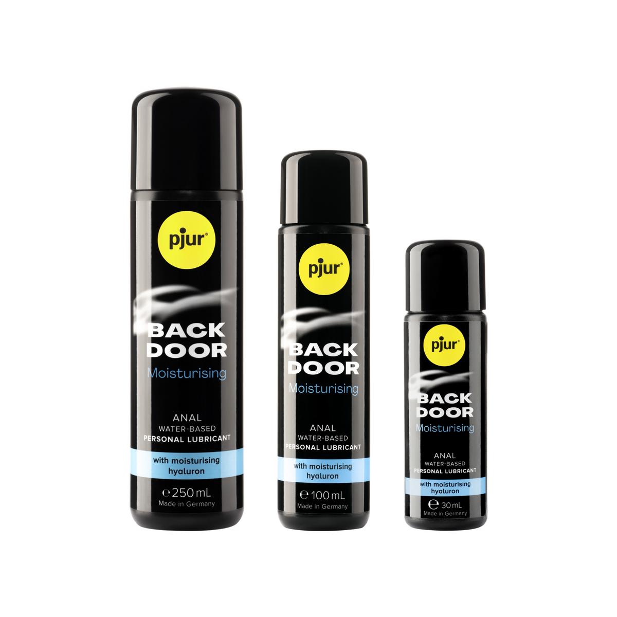 Three black bottles of pjur BACK DOOR Moisturising anal water-based personal lubricant in different sizes (250ml, 100ml, and 30ml) are arranged in a row from largest to smallest against a white background. Each bottle has a yellow pjur logo and teal accents. Hauptbild