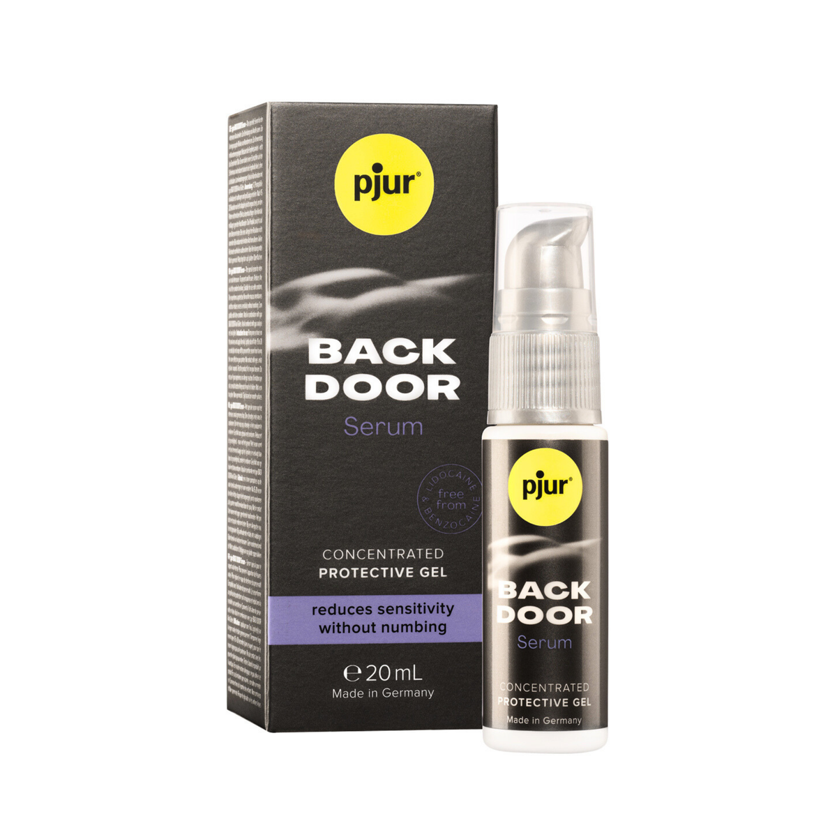 A gray box and a clear pump bottle of Pjur Back Door Serum are shown against a white background. The box stands upright on the left, featuring the yellow "pjur" logo, "BACK DOOR Serum," "CONCENTRATED PROTECTIVE GEL," and "reduces sensitivity without numbing" in purple. The clear bottle with a silver and black pump echoes the box's design.