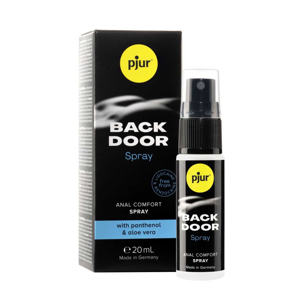 A black box and spray bottle of Pjur Back Door Spray are isolated on a white background. Hauptbild
