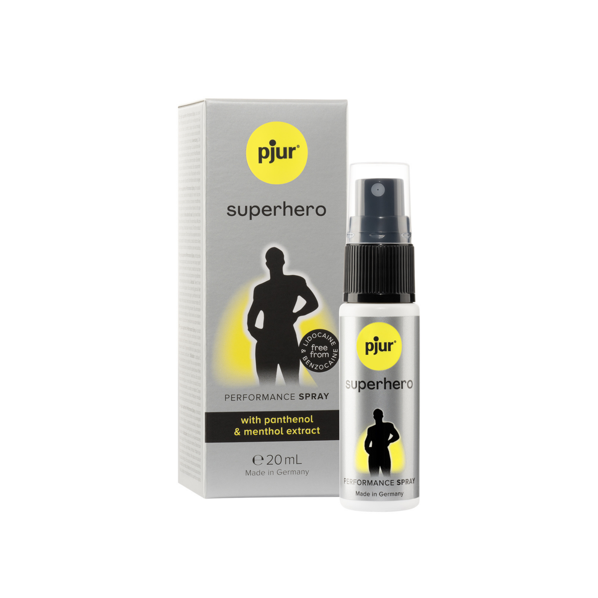 A gray and white box and a small white spray bottle of Pjur Superhero Performance Spray are positioned against a white background. Hauptbild