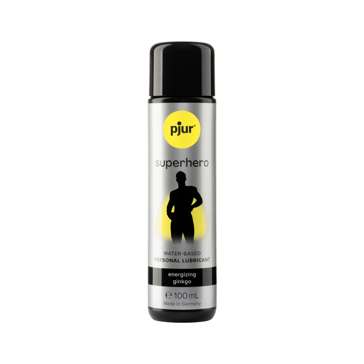 A gray bottle of Pjur Superhero Energizing Ginkgo lubricant 100ml is shown on a white background.