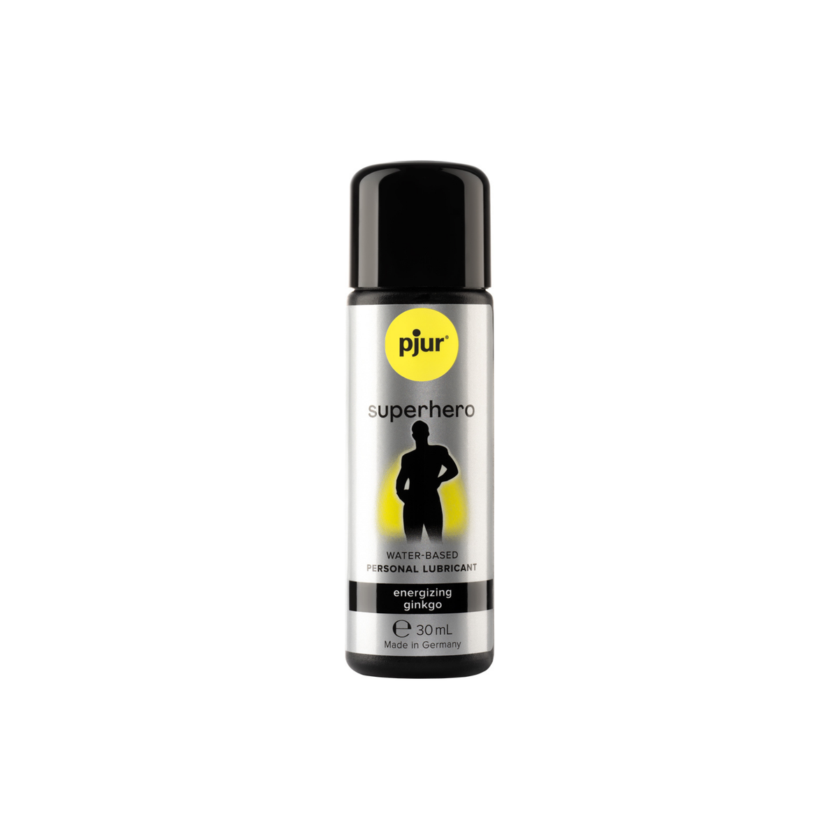 A gray bottle of Pjur Superhero Energizing Ginkgo lubricant 30ml is shown on a white background.
