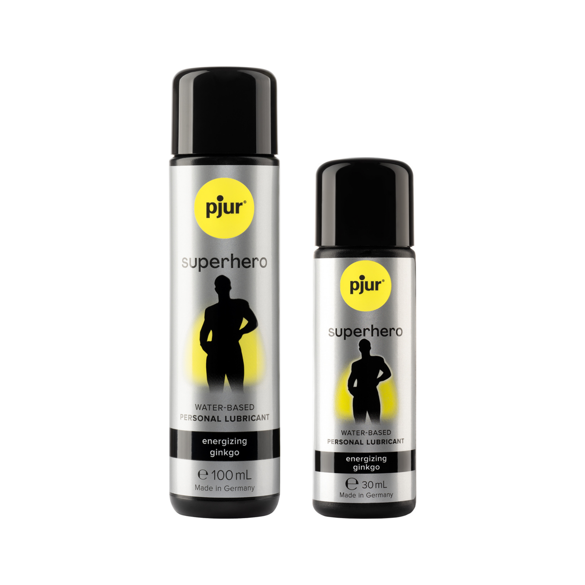 Two gray bottles of Pjur Superhero Energizing lubricant in different sizes are shown on a white background. Hauptbild