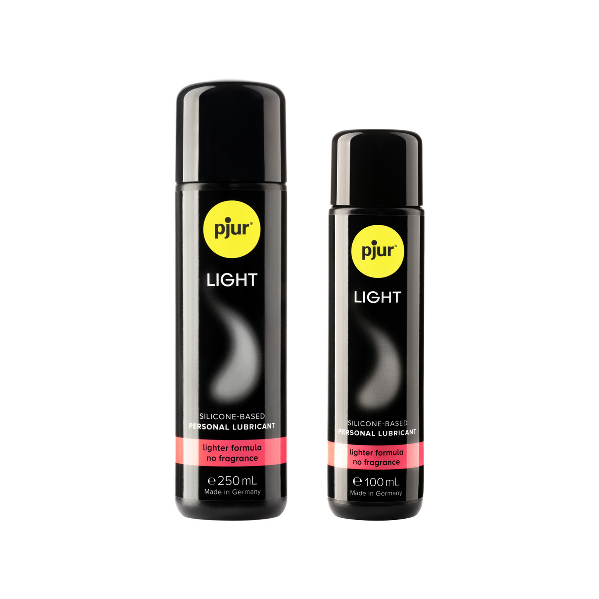 Two black bottles of Pjur Light silicone-based personal lubricants with a yellow logo and pink label indicating "lighter formula no fragrance". Hauptbild