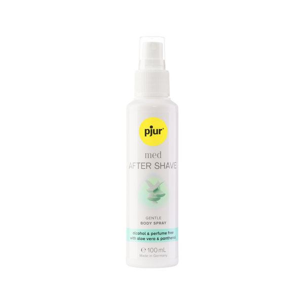 A white bottle of pjur MED After Shave spray on a white background.