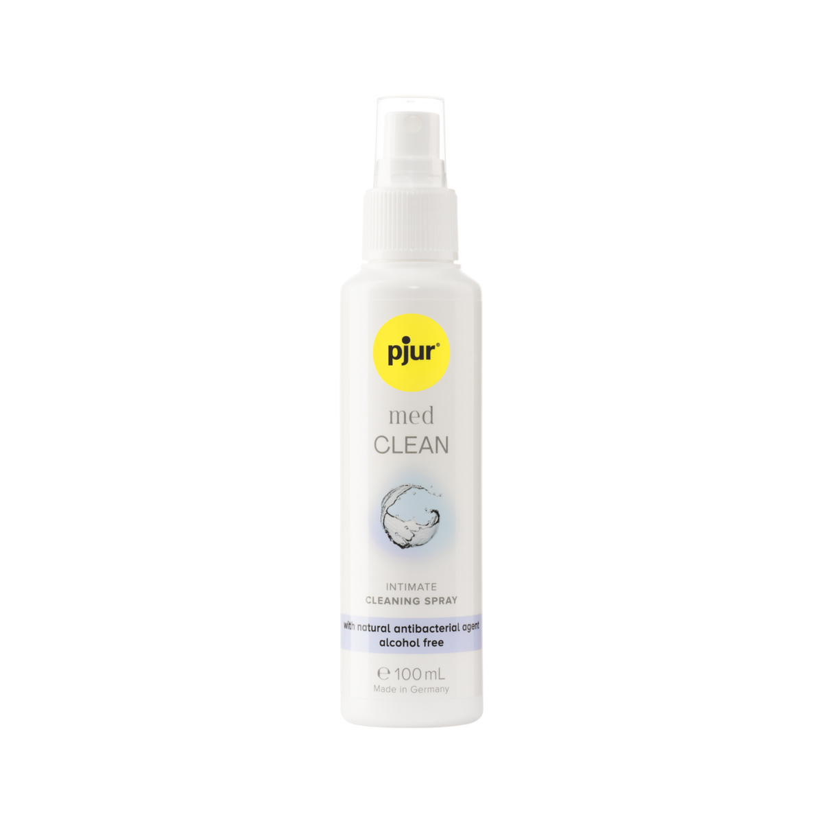 A white spray bottle of pjur med CLEAN intimate cleaning spray with a yellow logo and light blue accents on a white background.