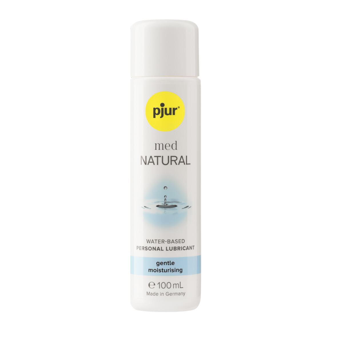 A white bottle of pjur med NATURAL water-based personal lubricant with a yellow logo and light blue accents on a white background. Hauptbild