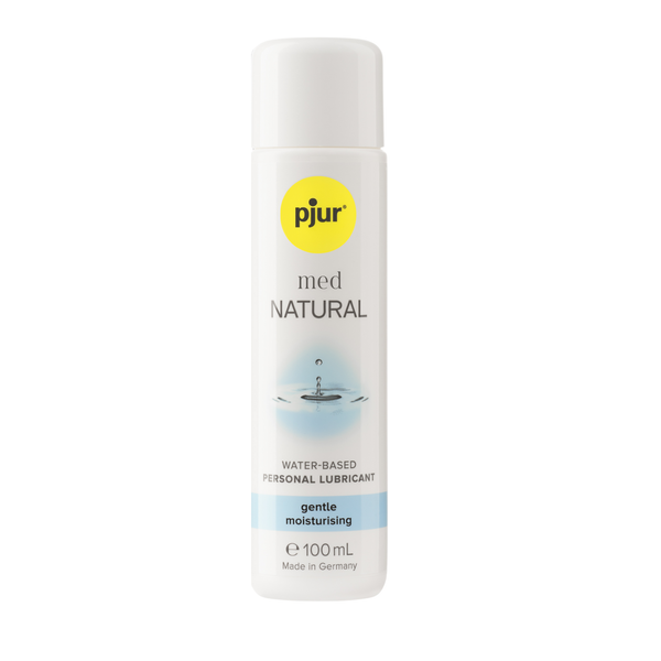 A white bottle of pjur med NATURAL water-based personal lubricant with a yellow logo and light blue accents on a white background.