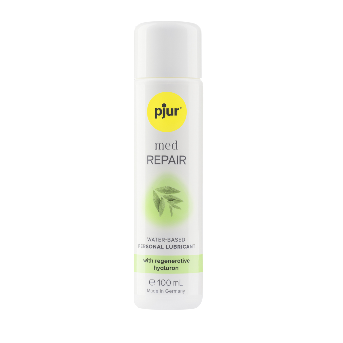 A white bottle of pjur med REPAIR water-based personal lubricant with a yellow logo and light green accents on a white background. Hauptbild