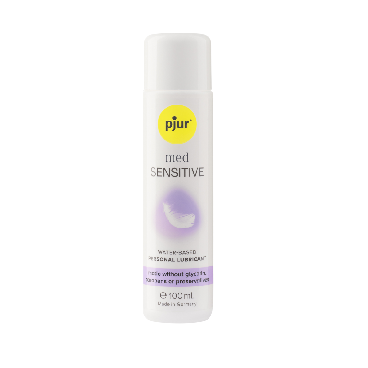 A white bottle of pjur med SENSITIVE water-based personal lubricant with a yellow logo and light purple accents on a white background. Hauptbild