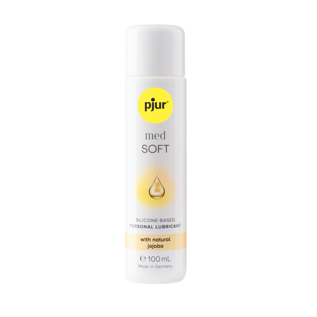 A white bottle of pjur med SOFT water-based personal lubricant with a yellow logo and light orange accents on a white background. Hauptbild