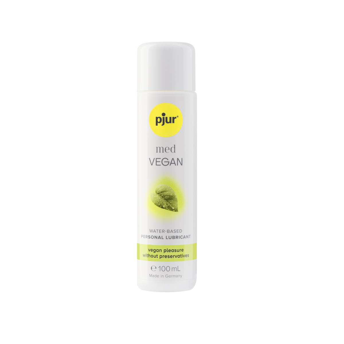 A white bottle of pjur med VEGAN water-based personal lubricant with a yellow logo and light green accents on a white background. Hauptbild