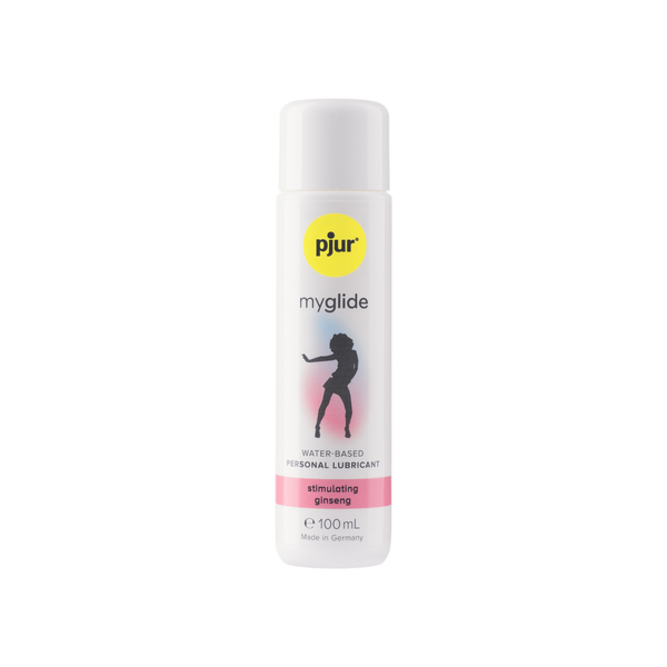 A white bottle of Pjur Myglide lubricant 100ml is shown on a white background.