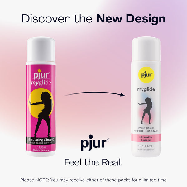 An ad displays the old and new packaging for Pjur Myglide lubricant.