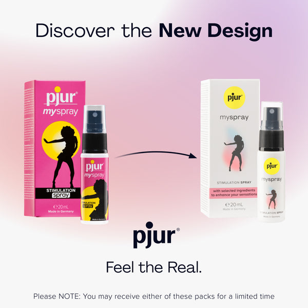 An ad displays the old and new packaging for Pjur Myspray.