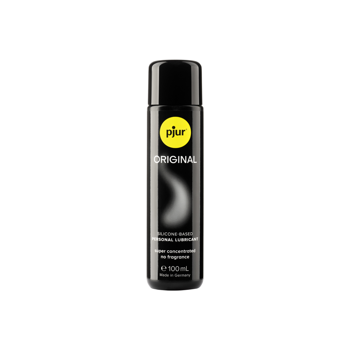 A black bottle of Pjur Original 100ml lubricant is centered on a white background.
