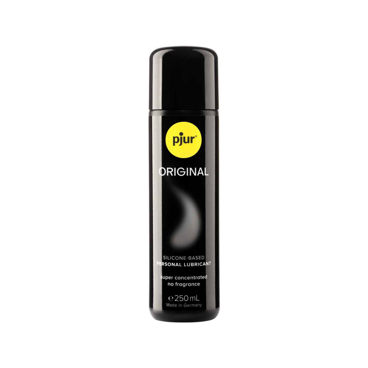 A black bottle of Pjur Original 250ml lubricant is centered on a white background.