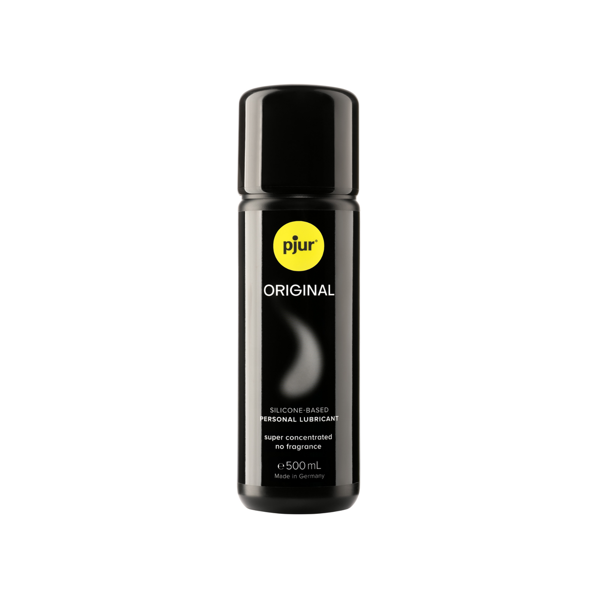 A black bottle of Pjur Original 500ml lubricant is centered on a white background.