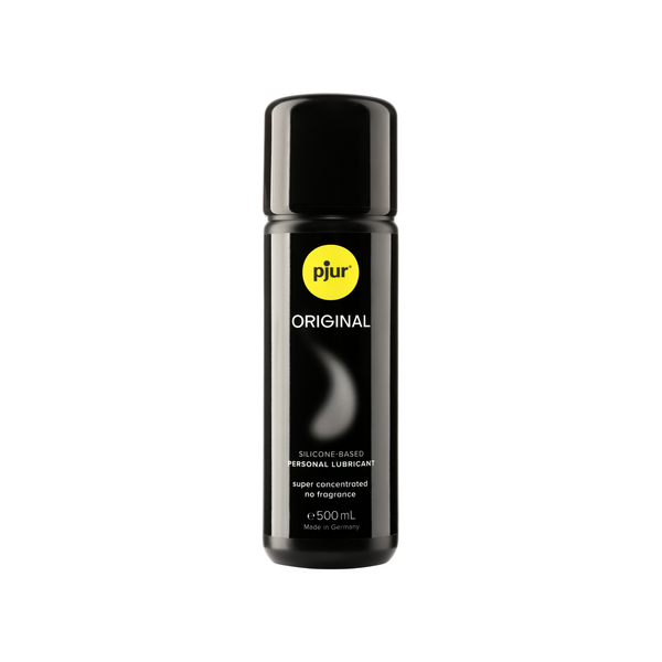 A black bottle of Pjur Original 500ml lubricant is centered on a white background.
