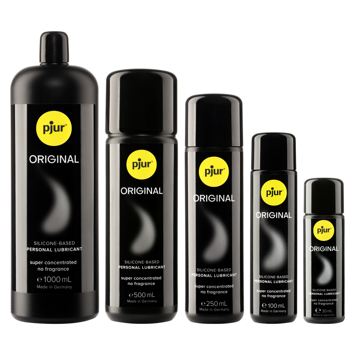 Five black bottles of Pjur Original lubricant in varying sizes are arranged on a white background.