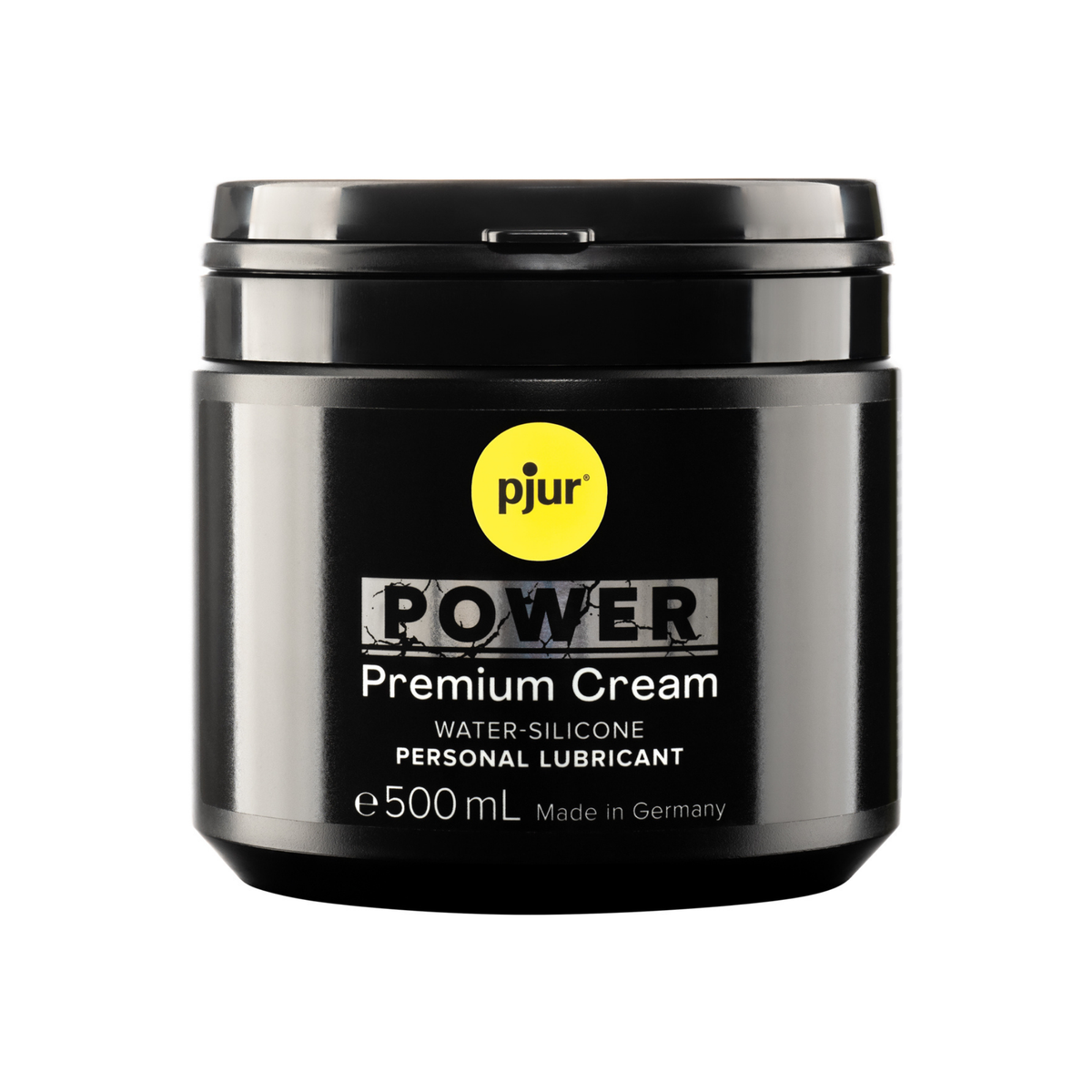 Black jar of Pjur Power Premium Cream 500ml is shown against a white background.