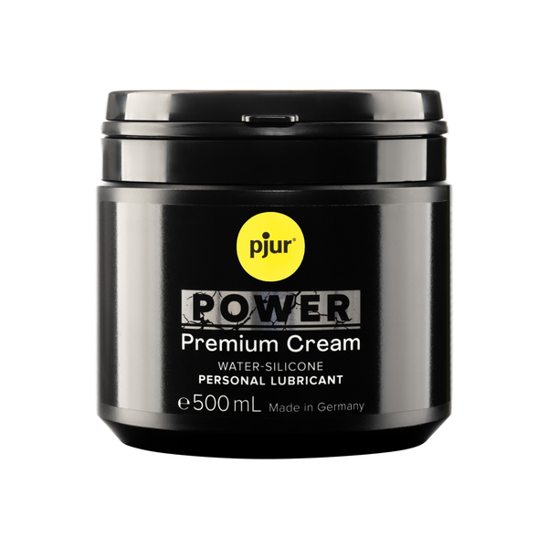 Black jar of Pjur Power Premium Cream 500ml is shown against a white background.