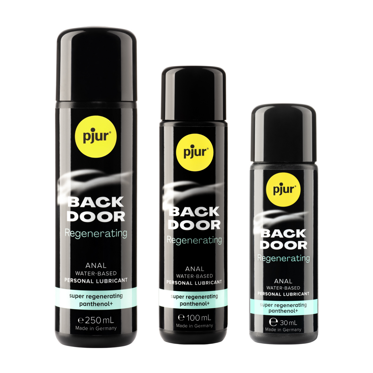 A 3 black bottles of Pjur Back Door Regenerating lubricants is shown against a white background. Hauptbild