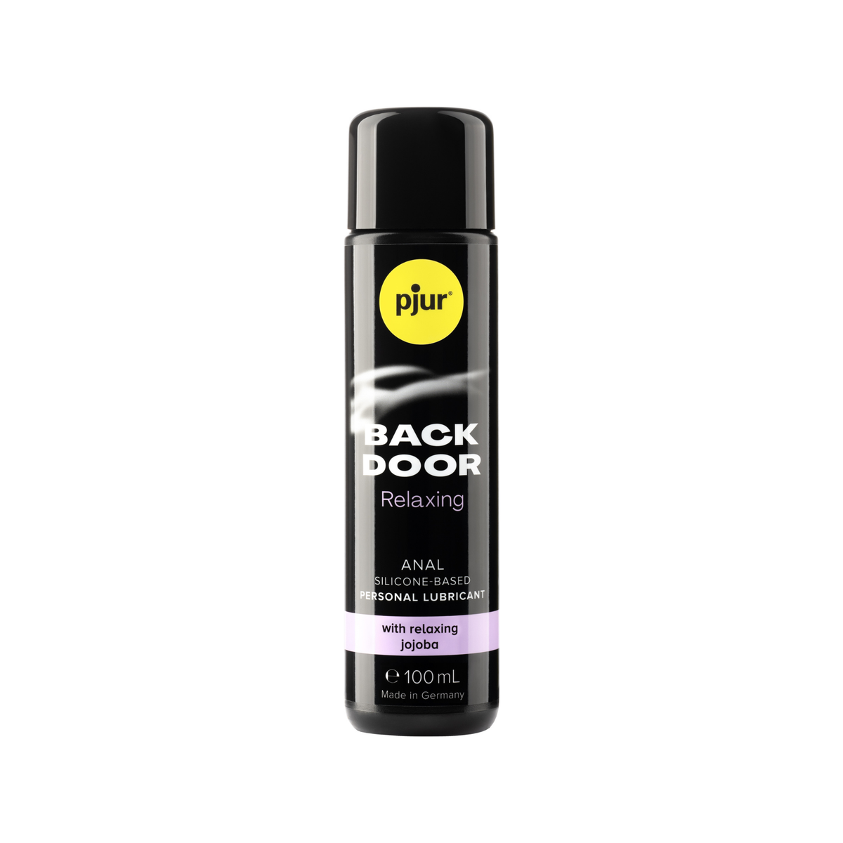 A single black bottle of Pjur Back Door 100ml personal lubricant is centered against a white background. The bottle has a yellow circular "pjur" logo at the top left.