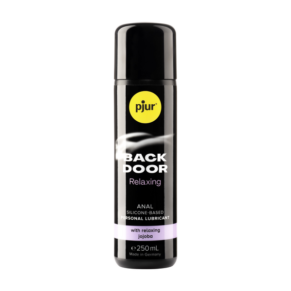 A single black bottle of Pjur Back Door 250ml personal lubricant is centered against a white background. The bottle has a yellow circular "pjur" logo at the top left.