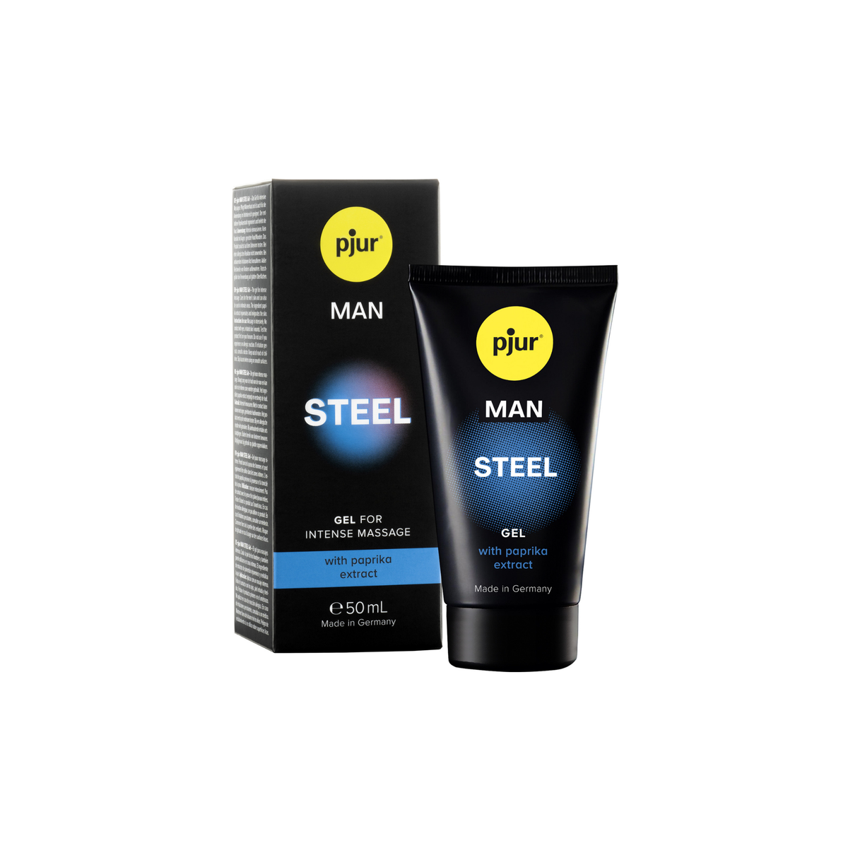 A black box and tube of Pjur Man Steel gel are shown against a white background. Hauptbild