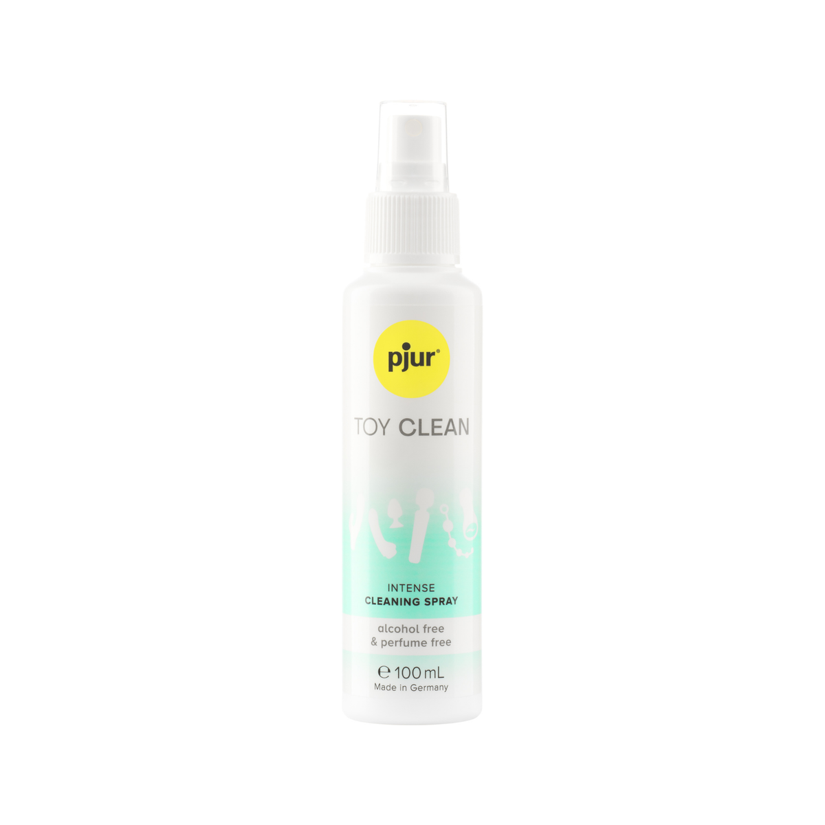 A white spray bottle of Pjur Toy Clean is shown against a white background.