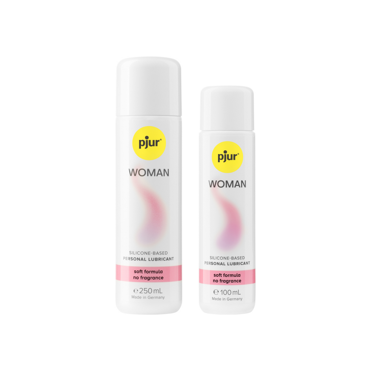 Two white bottles of Pjur Woman silicone-based personal lubricants with a yellow logo and pink label indicating "soft formula no fragrance". Hauptbild