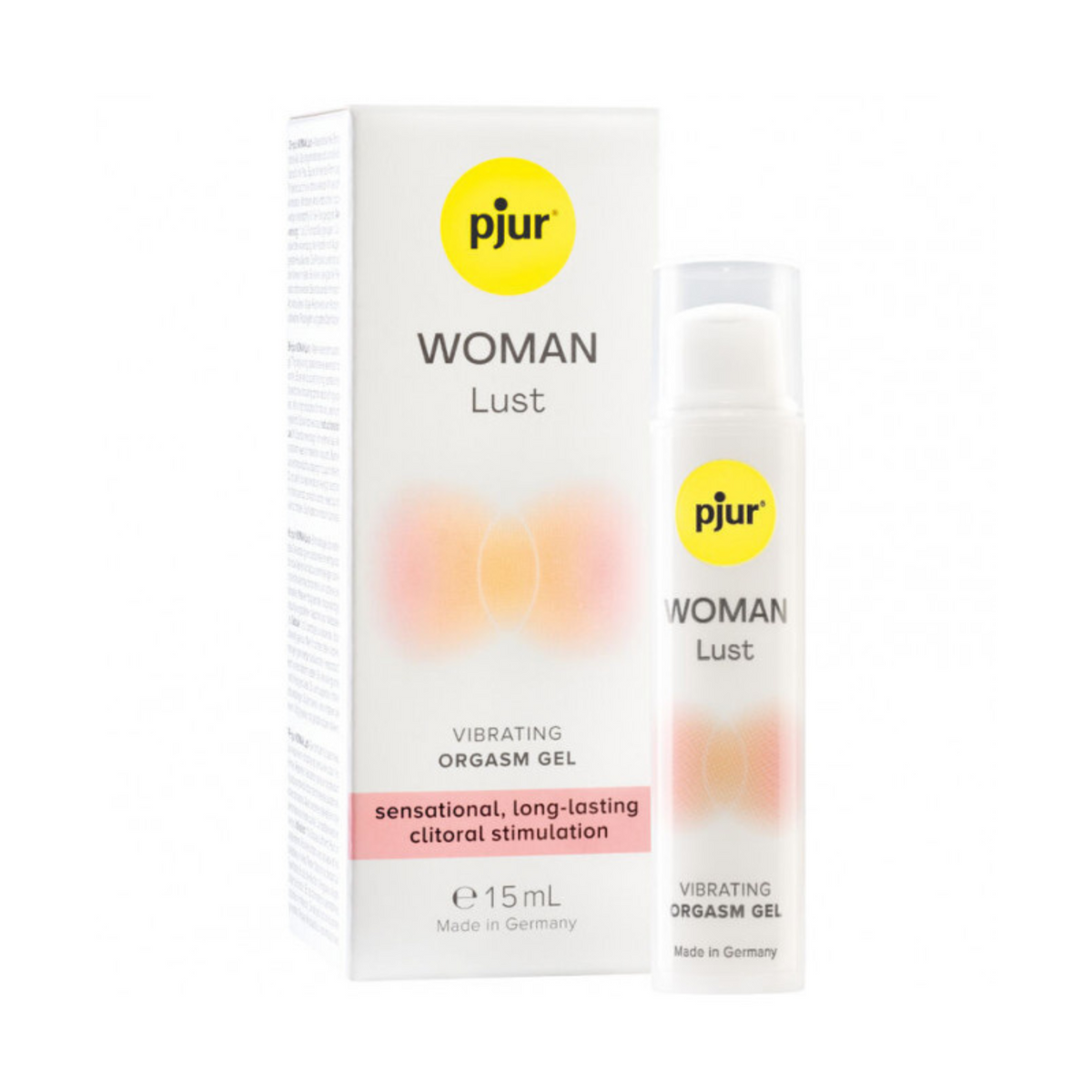 The pjur Woman Lust vibrating orgasm gel in white background.