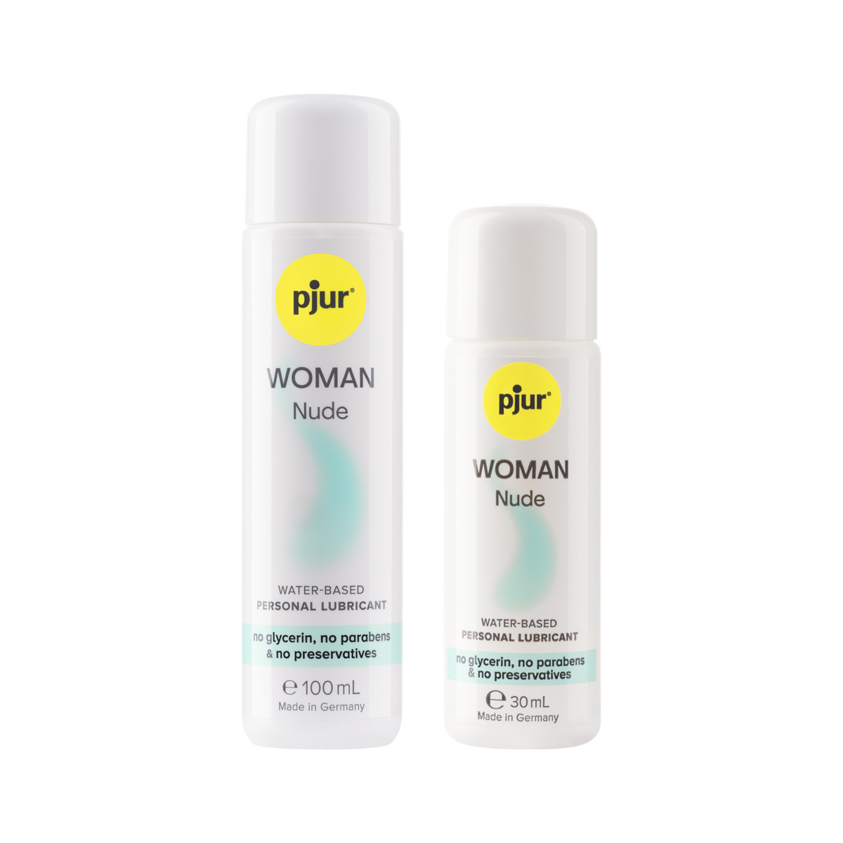 A two white bottles of pjur WOMAN Nude water-based personal lubricants with a yellow logo and teal accents on a white background. Hauptbild