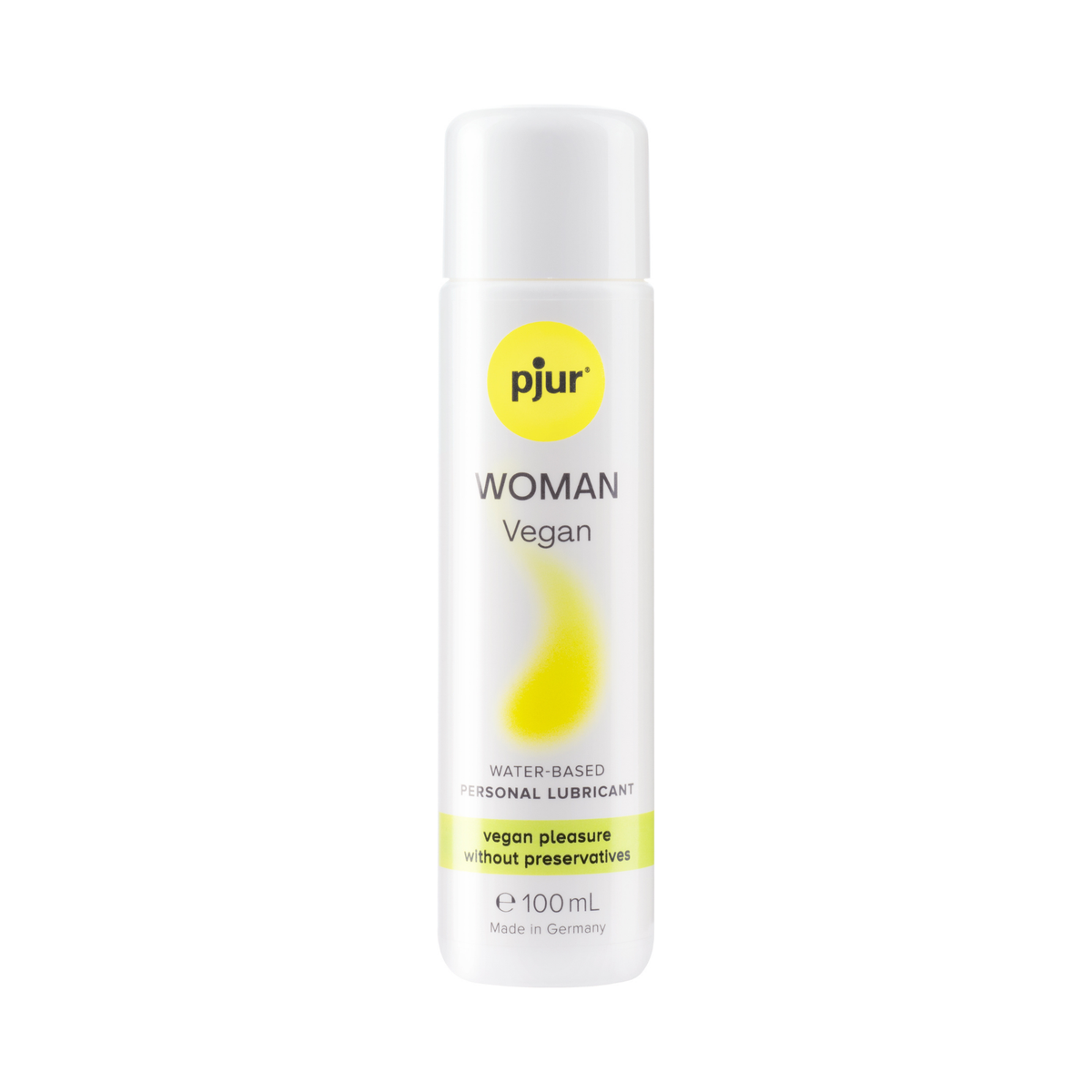 A white bottle of Pjur Woman Vegan water-based personal lubricant is centered against a white background.  Hauptbild