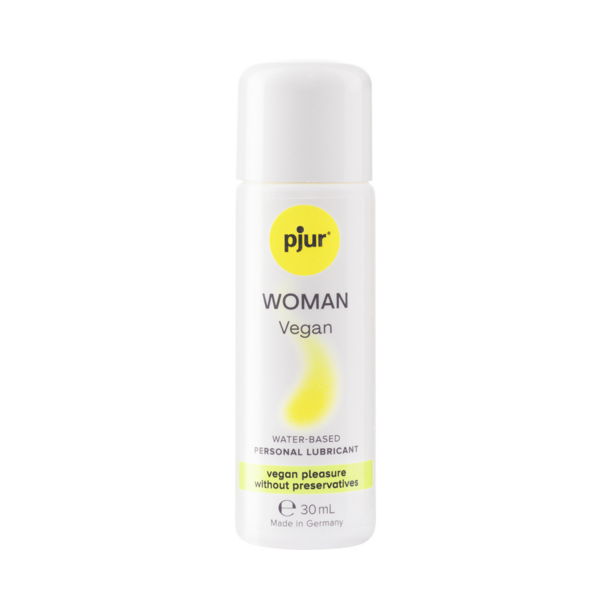 A white bottle of Pjur Woman Vegan water-based personal lubricant is centered against a white background.  Hauptbild