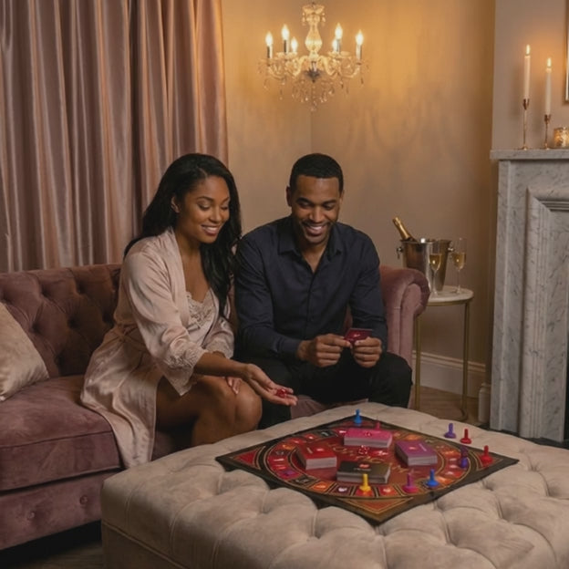 Couple playing monogamy board game in the living room.