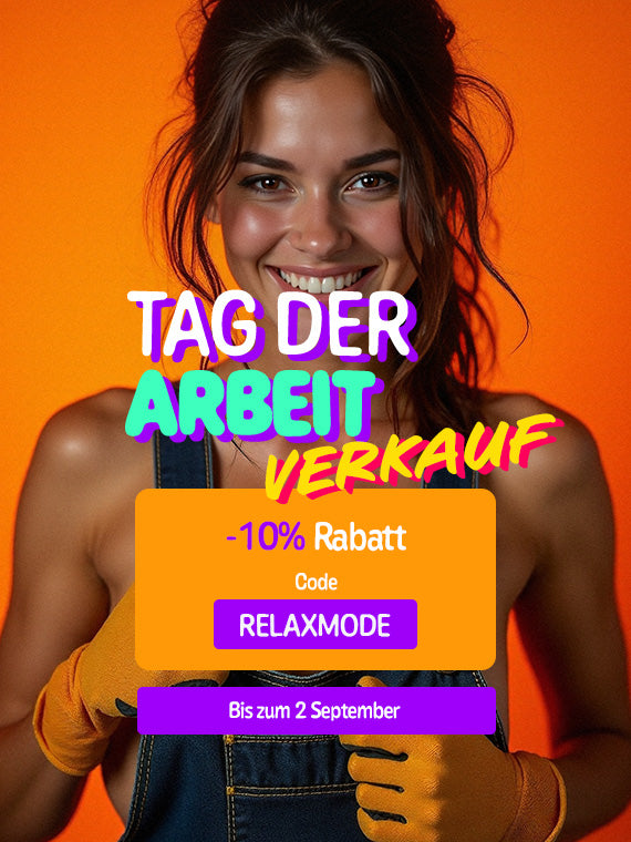 Woman in overalls with gloves on an orange background, featuring promotional text for a sale event.