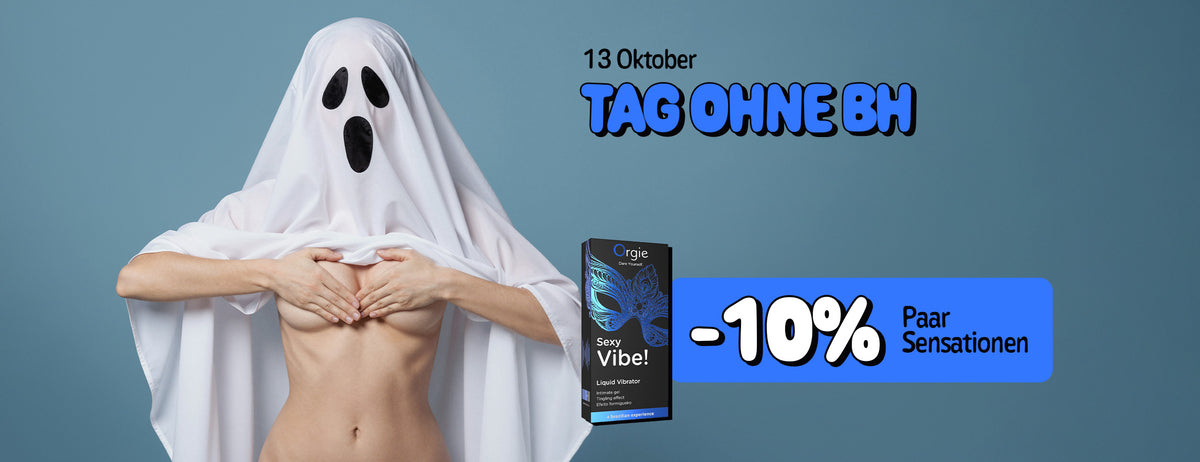 Promotional graphic titled "13th October NO BRA DAY" on a muted blue background, featuring a person wearing a white ghost sheet costume lifting it to cover their chest with their hands, beside an Orgie "Sexy Vibe!" liquid vibrator box and a blue banner offering "-10% Couple Sensations."